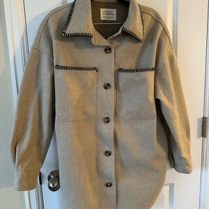 Ashley By 26 International Beige Utility Shacket Jacket with Whipstitch Accents